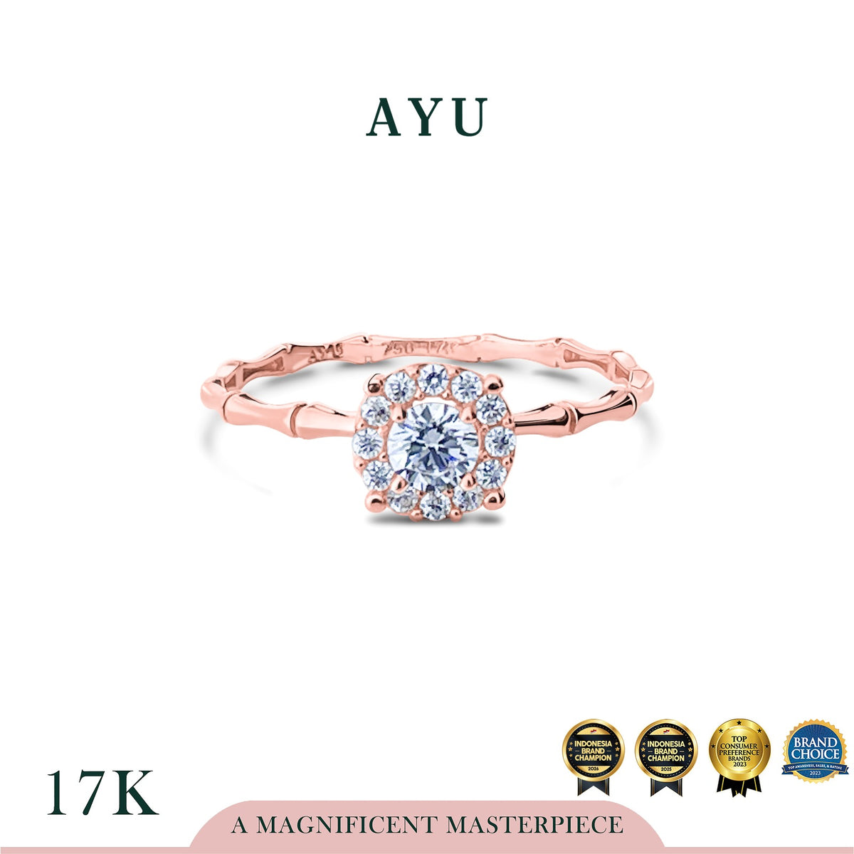 AYU Cincin Emas - Round Solitaire Bamboo 17K Rose Gold