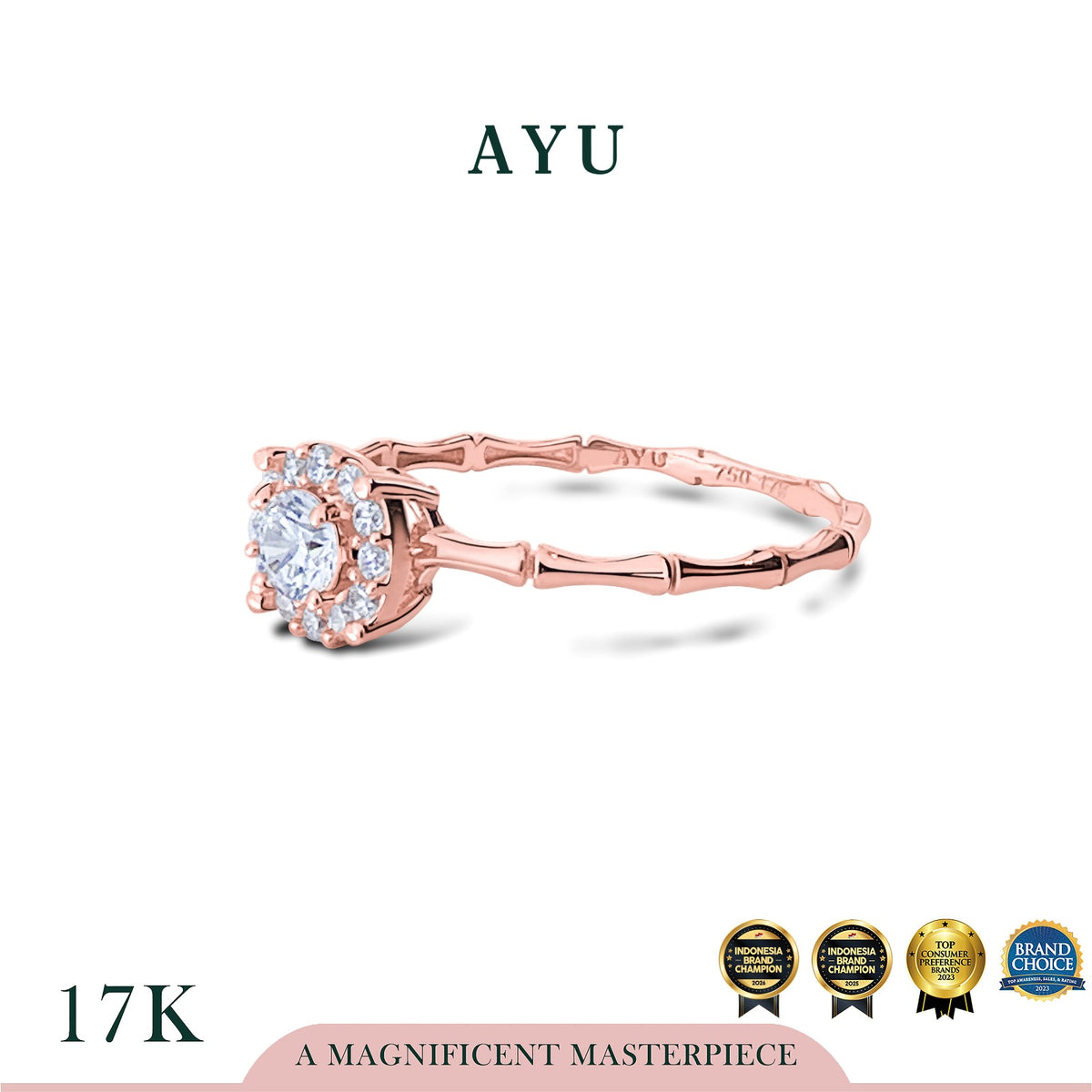 AYU Cincin Emas - Round Solitaire Bamboo 17K Rose Gold
