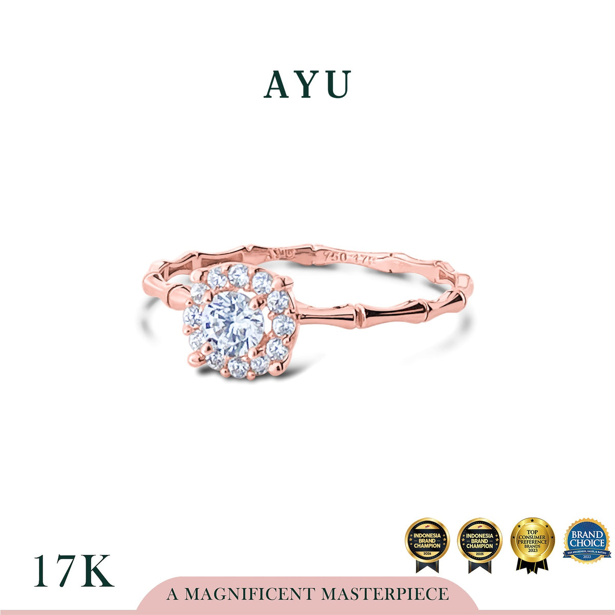 AYU Cincin Emas - Round Solitaire Bamboo 17K Rose Gold
