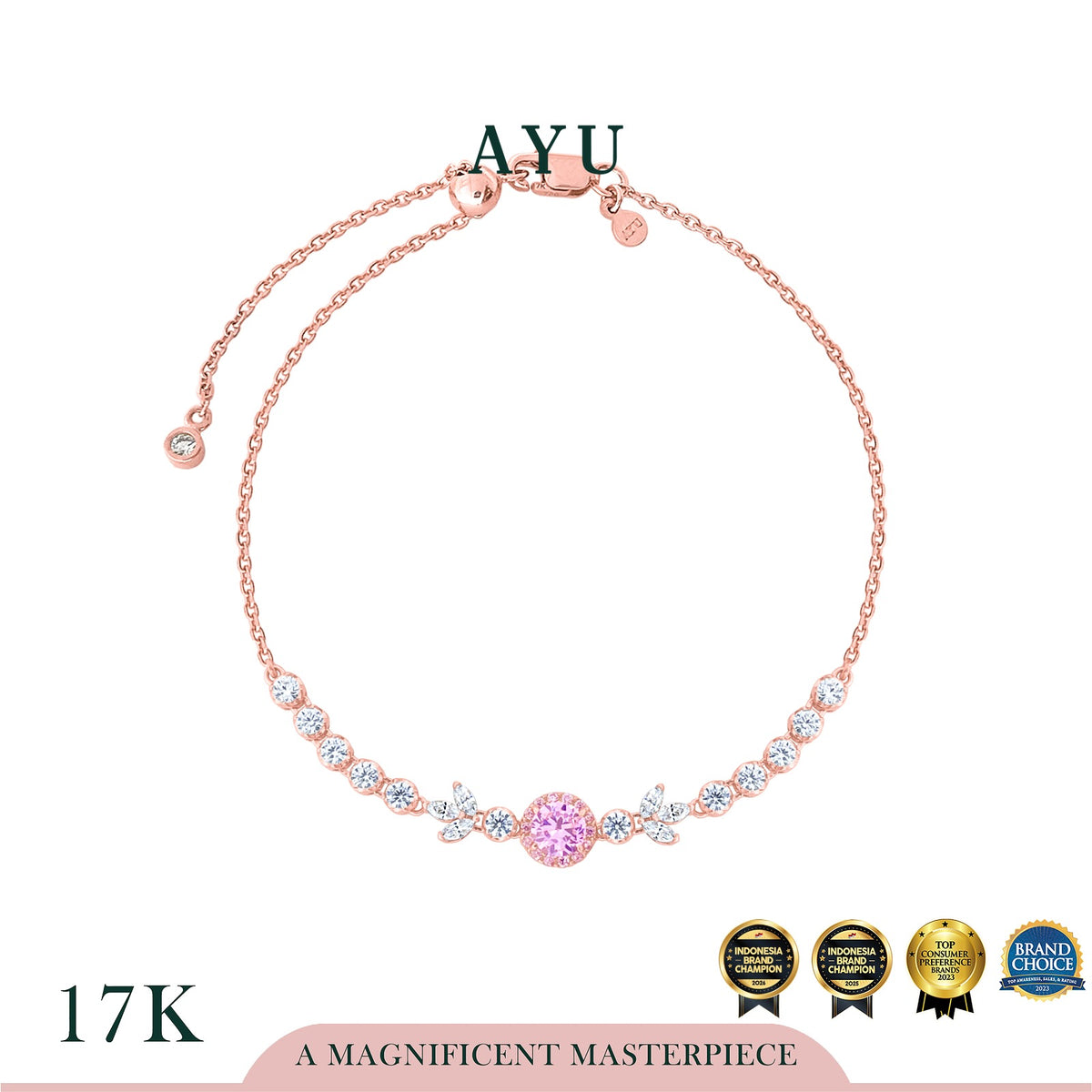 AYU Gelang Emas - Round Halo Angel Vine Everbloom Chain Bracelet 17k Rose Gold