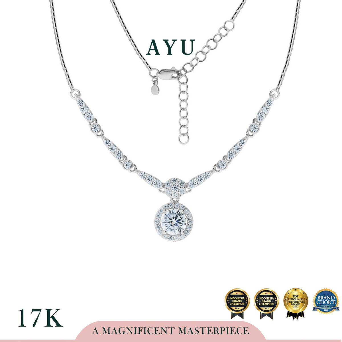 AYU Kalung Emas - Round Halo With Teardrop Pave Half Eternity Necklace 17k White Gold