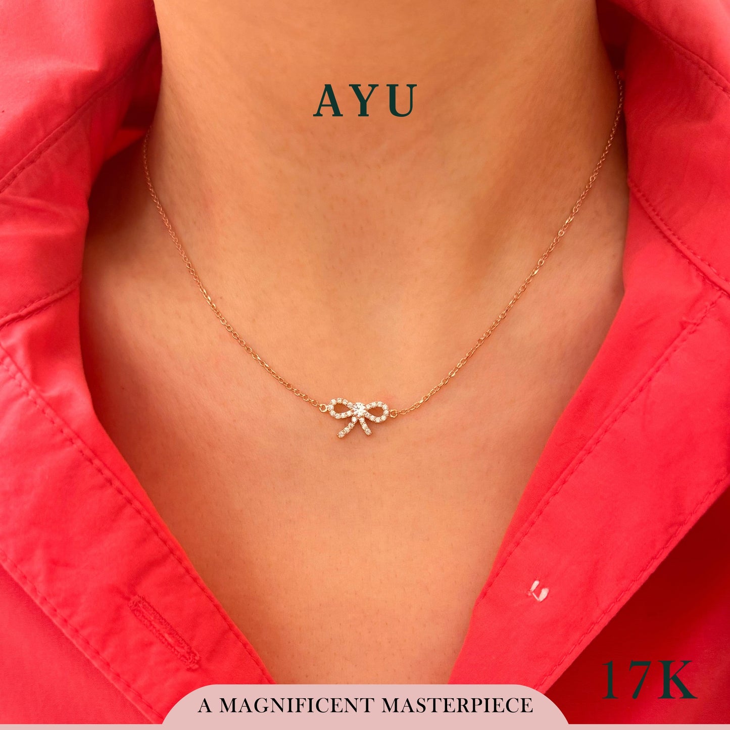 AYU Kalung Emas-Twinkle Pave Ribbon Chain Necklace 17k Rose Gold