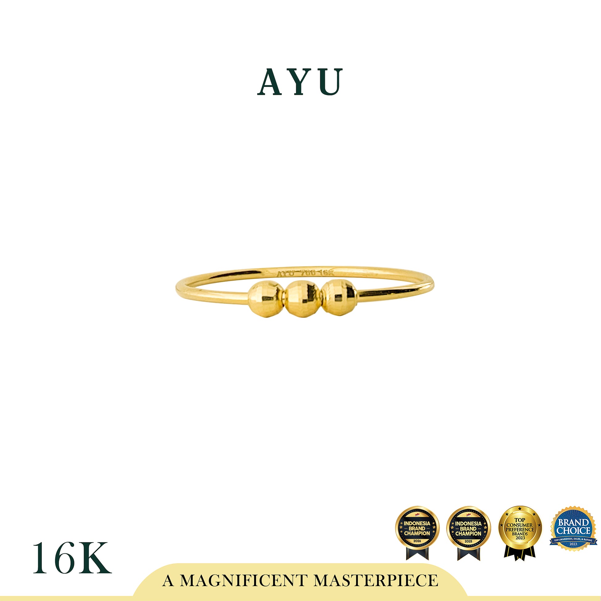 AYU Cincin Emas - 3 Bling Boba On Benang Ring #2 16k Yellow Gold