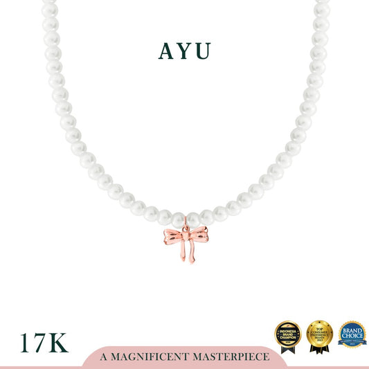 AYU Kalung Korea - Gold Cheeky Ribbon With Beaded Manik Necklace 17k Rose Gold
