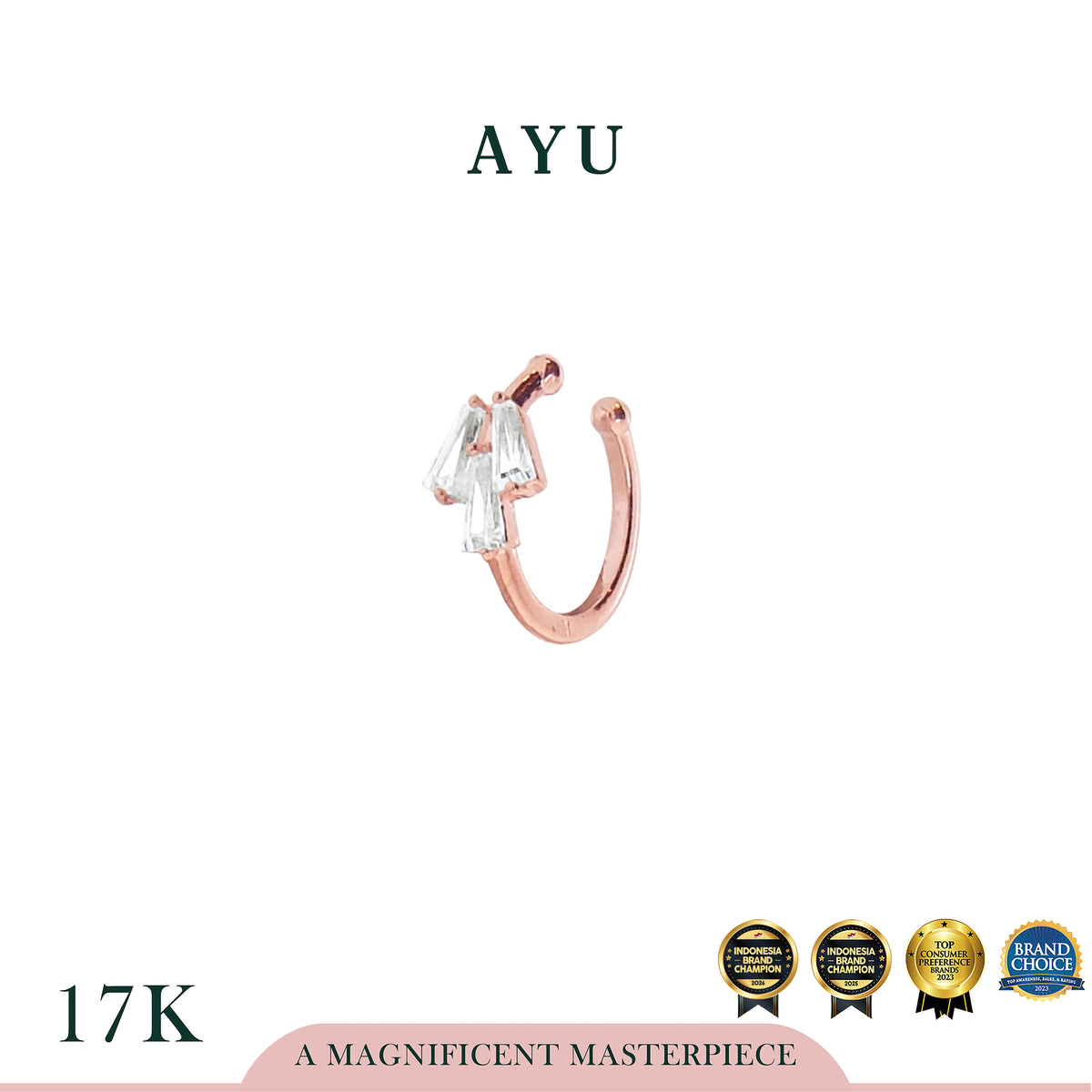 AYU Anting Emas - 3 Baguette Earcuff 17k Rose Gold