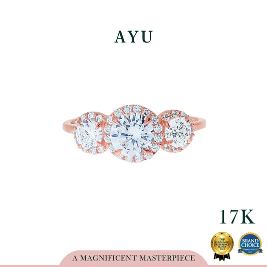 AYU Cincin Emas-Round Halo Trilogy Solitaire 17k Rose Gold