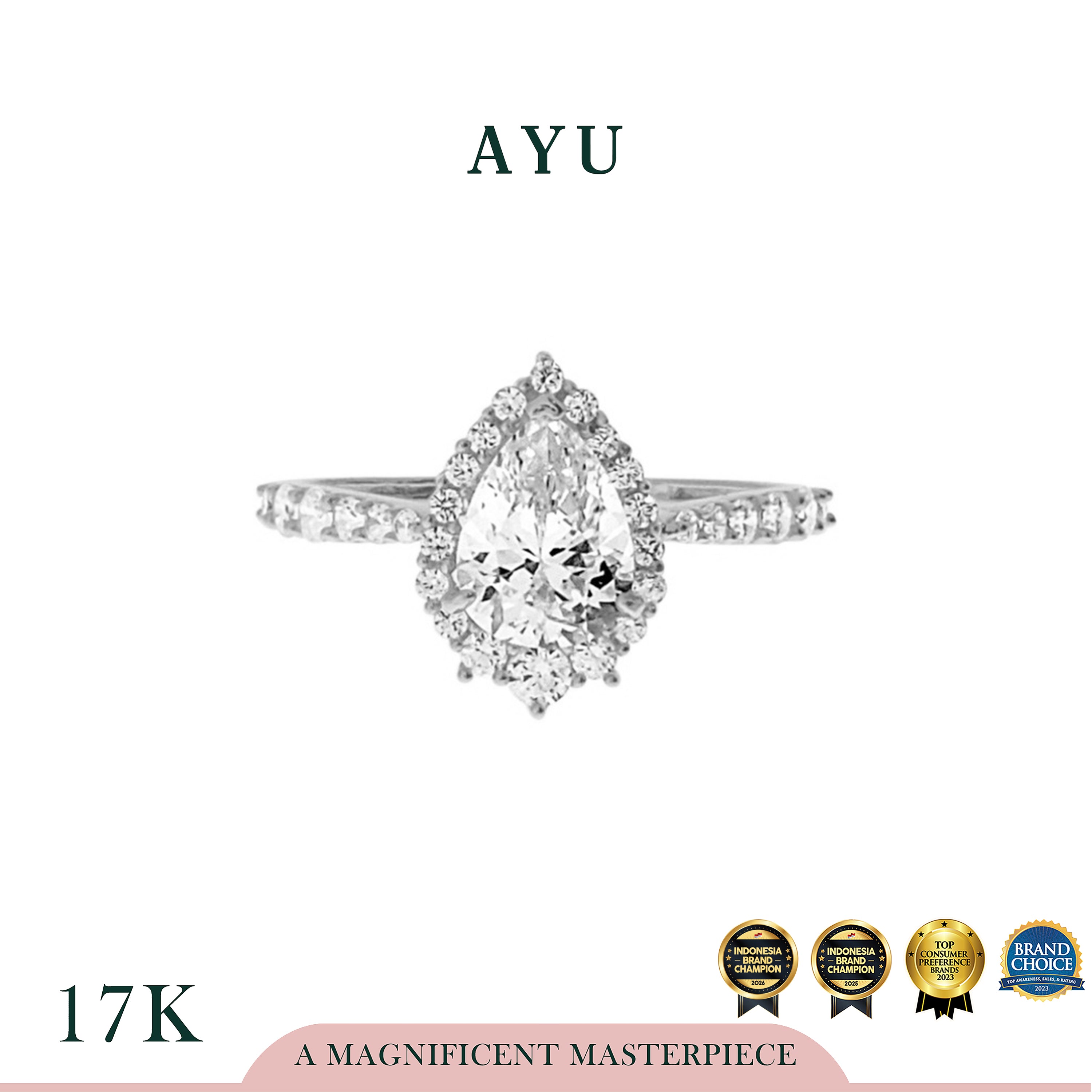 AYU Cincin Emas - Teardrop Grecian Solitaire 17k White Gold