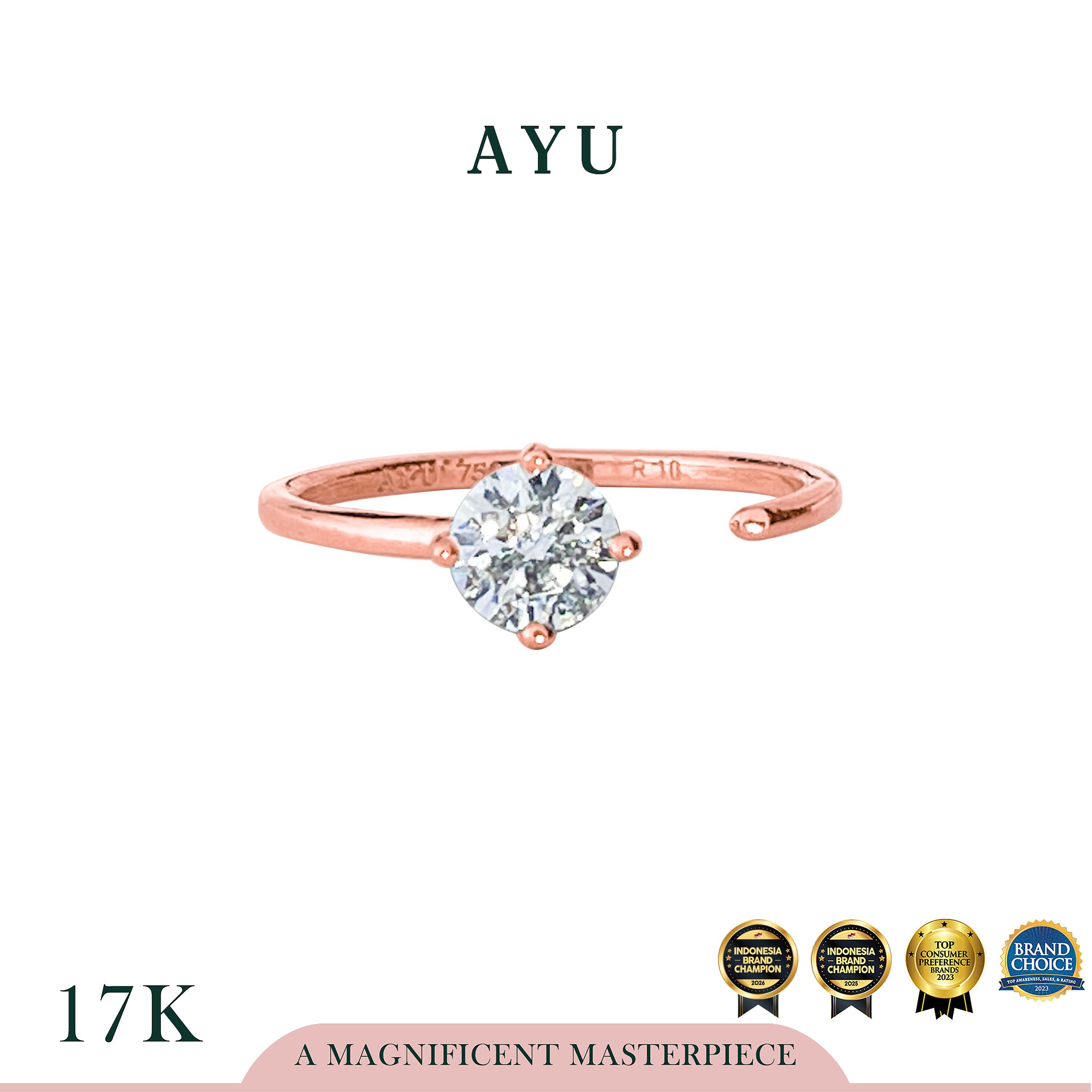 AYU Cincin Emas - Claw Round Solitaire Ring 17k Rose Gold
