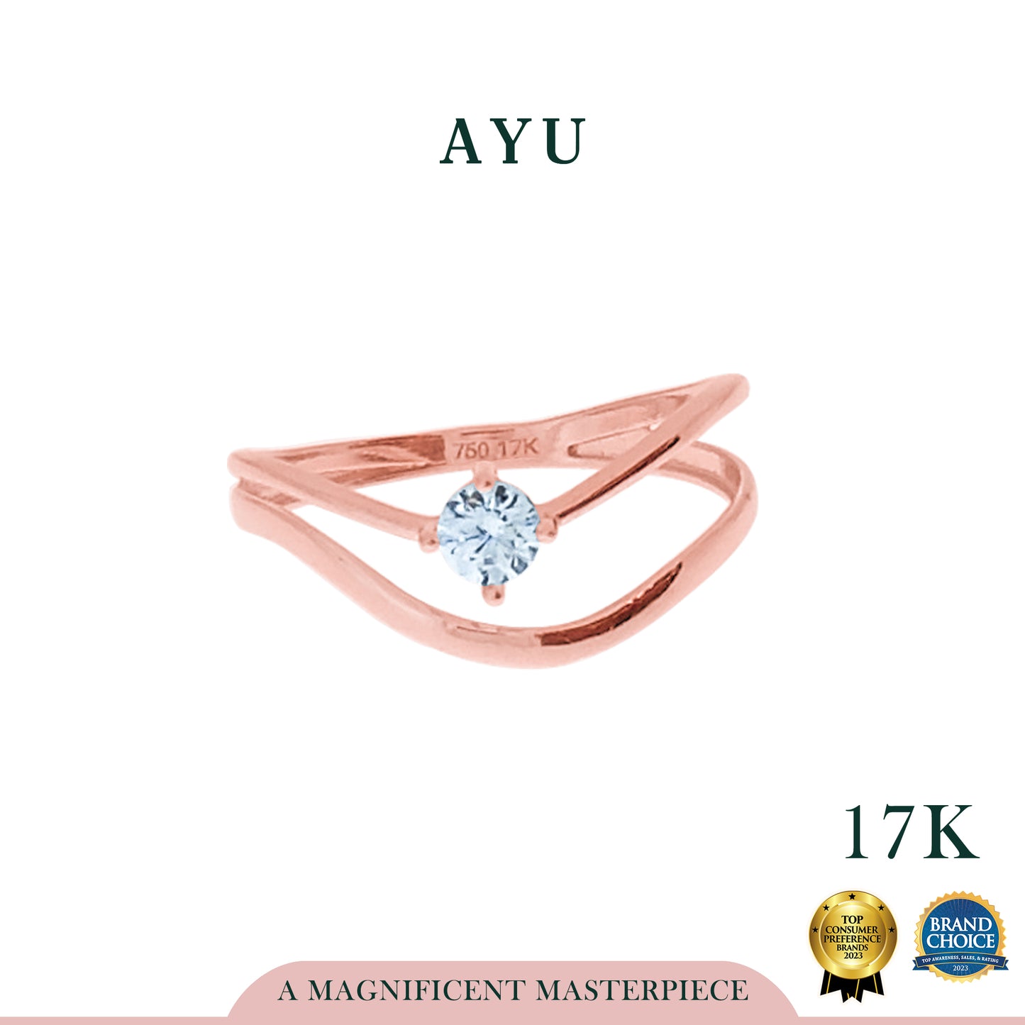 AYU Cincin Emas-Double Wave With Mini Solitaire 17k Rose Gold