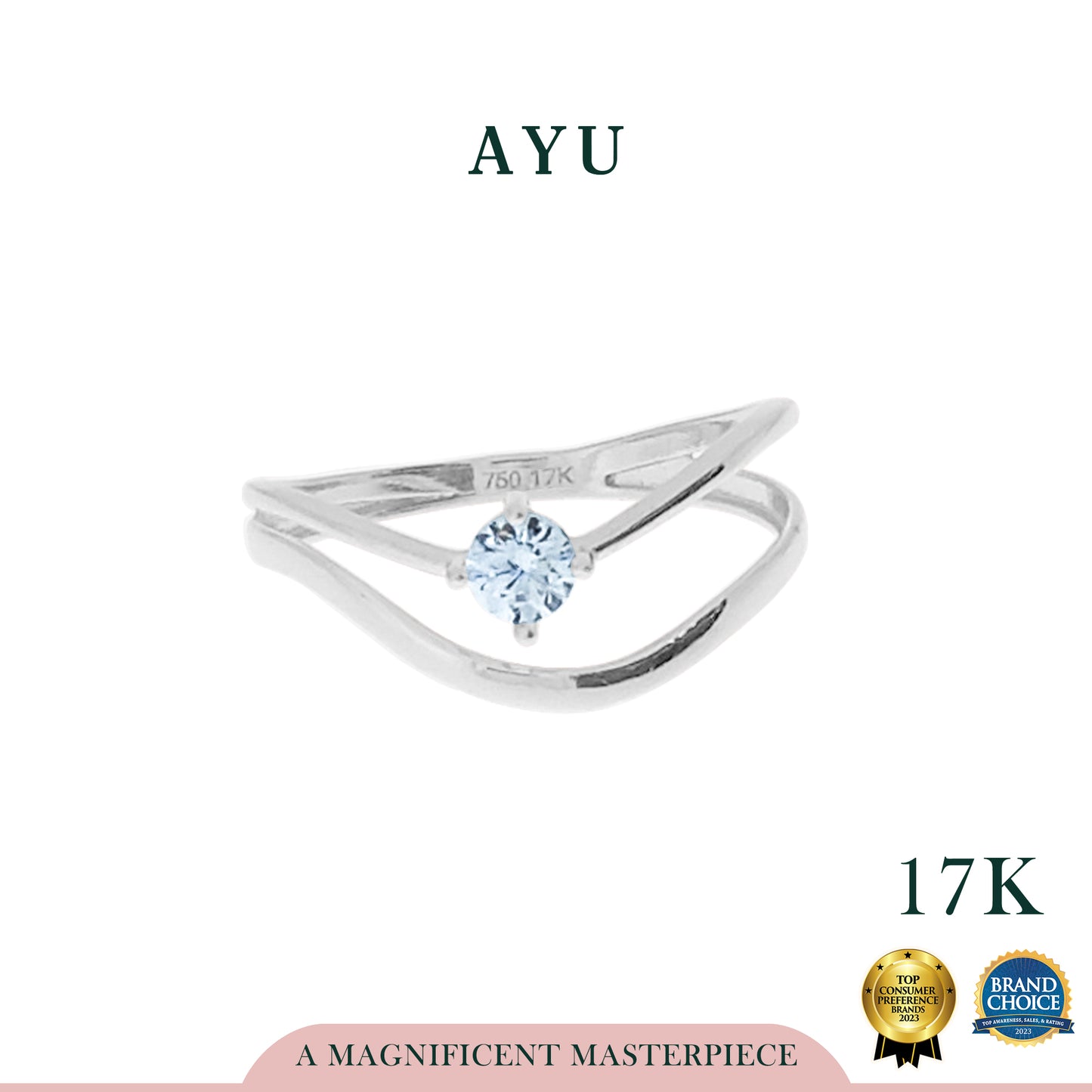 AYU Cincin Emas - Double Wave With Mini Solitaire 17k White Gold