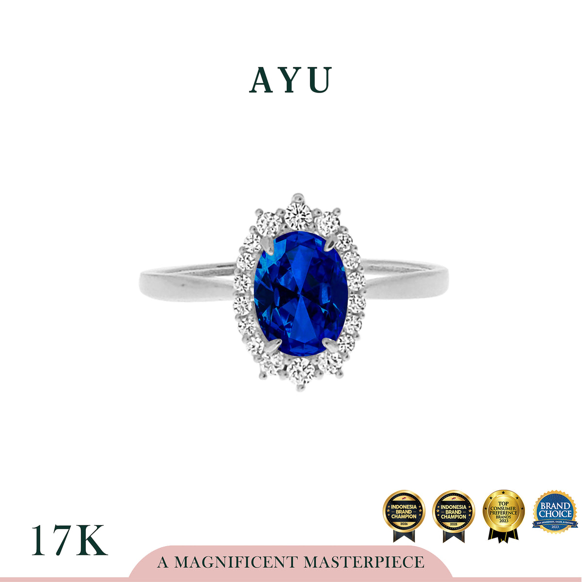 AYU Cincin Emas - Oval Grecian Solitaire Royal Blue 17K White Gold