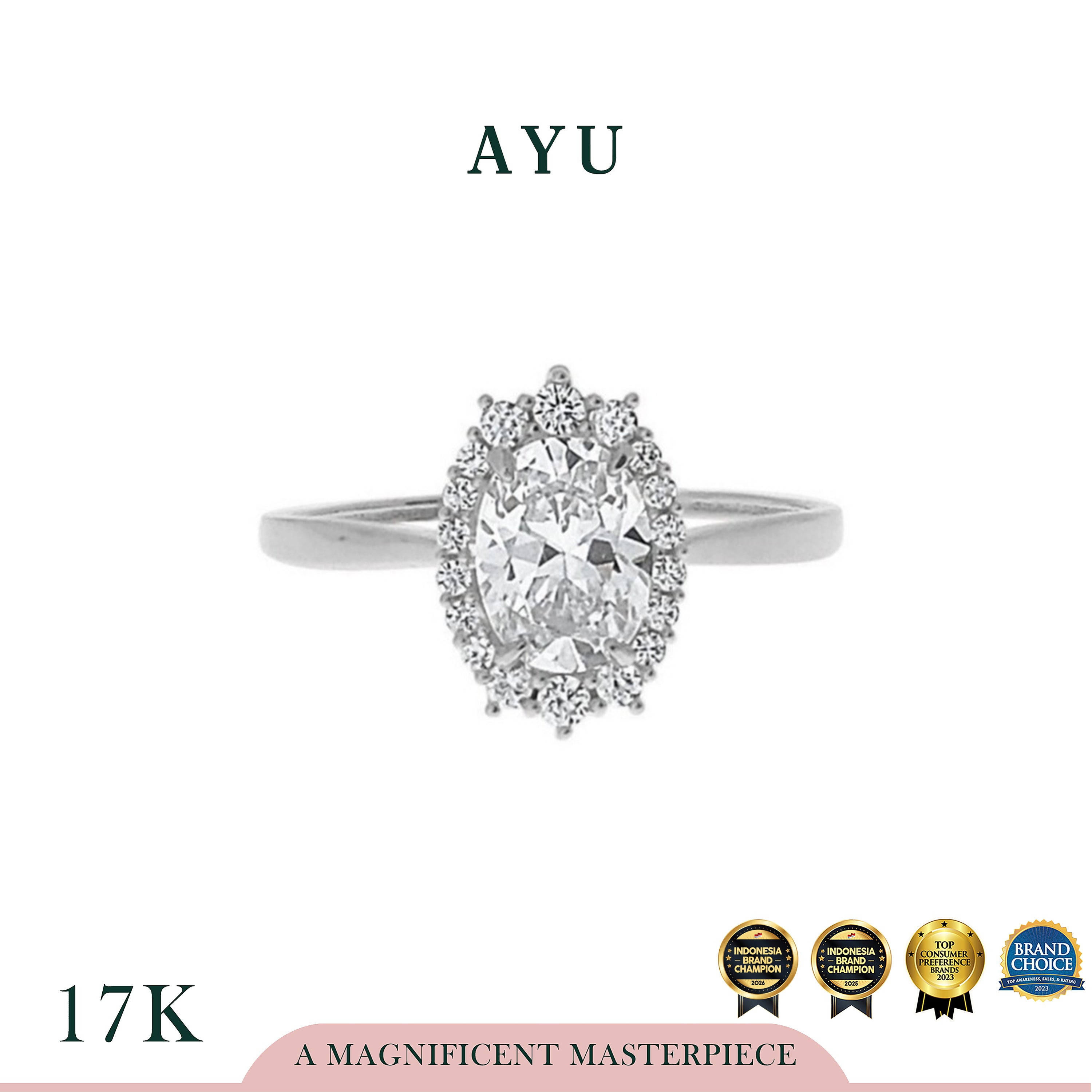 AYU Cincin Emas - Oval Grecian Solitaire 17K White Gold