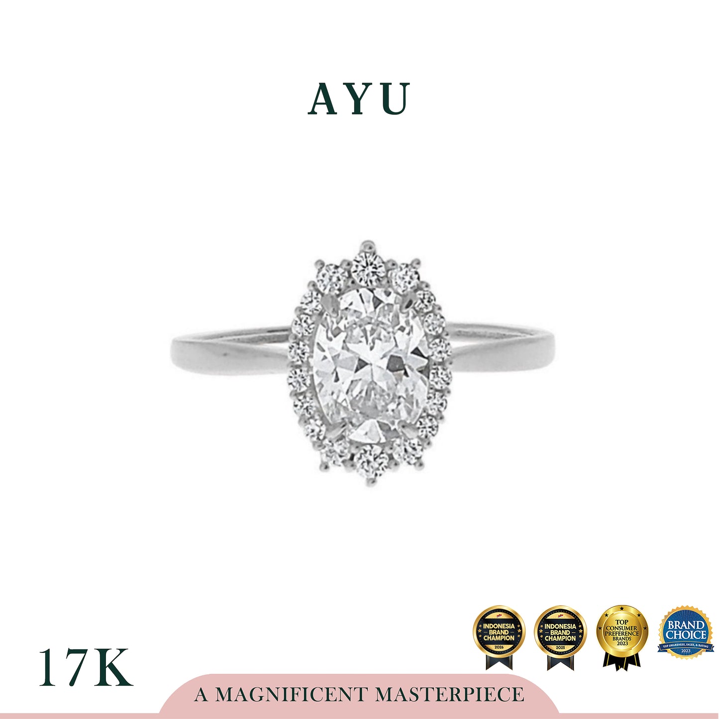 AYU Cincin Emas - Oval Grecian Solitaire 17K White Gold