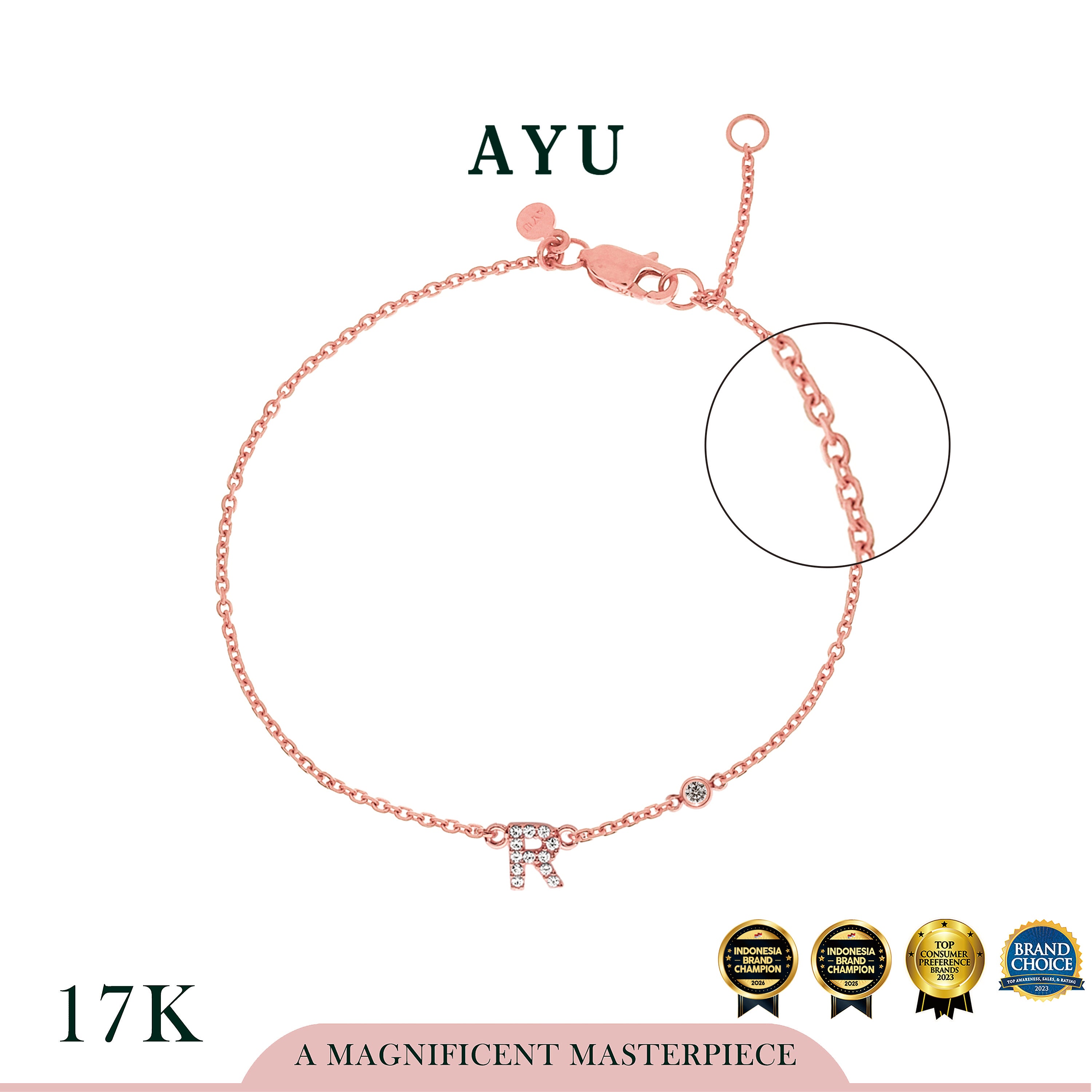 AYU Gelang Emas - Pave Initial With Bezel Chain Bracelet 17k Rose Gold