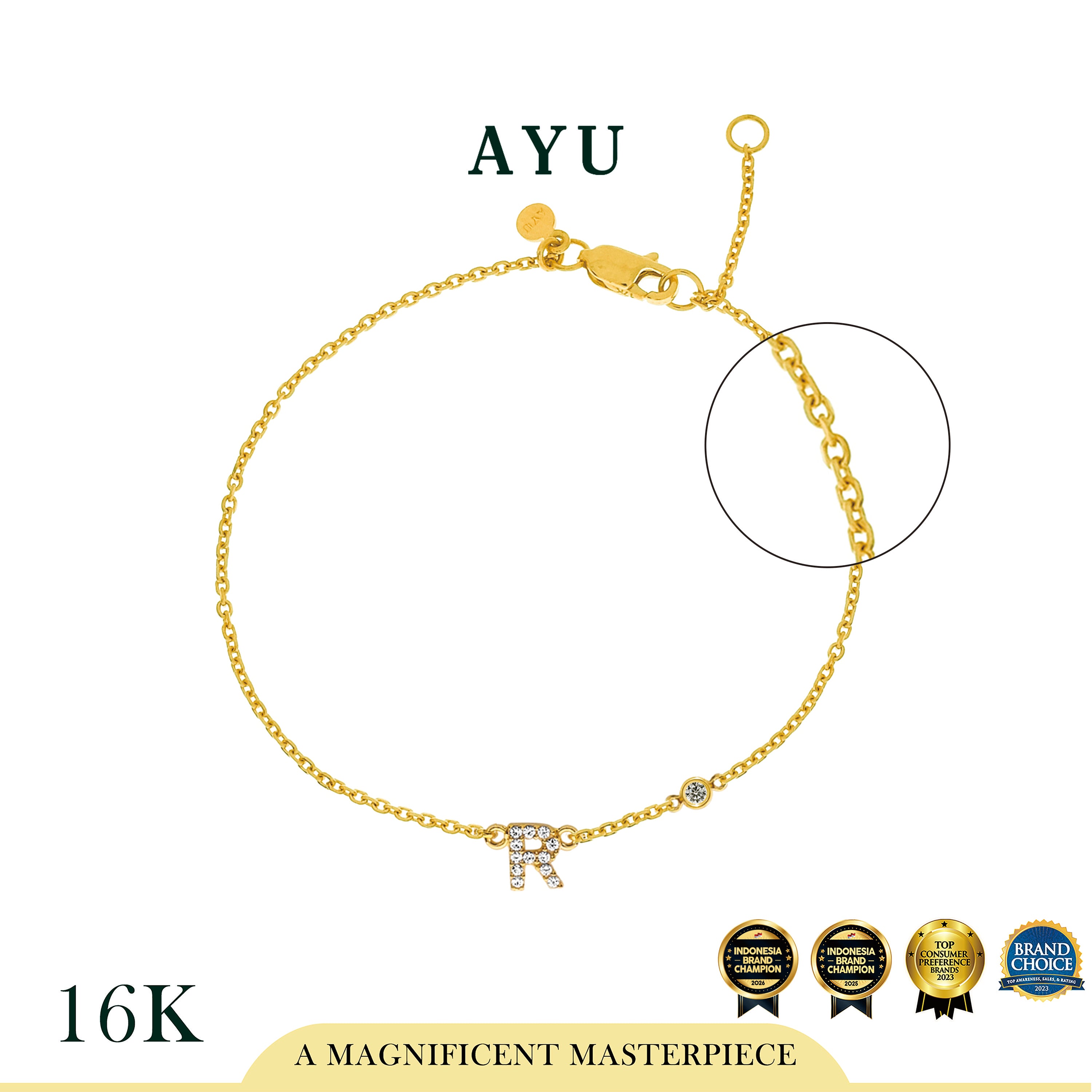 AYU Gelang Emas - Pave Initial With Bezel Chain Bracelet 16k Yellow Gold