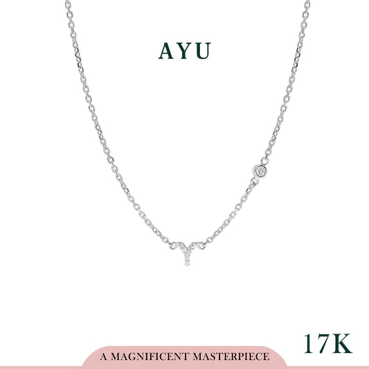 AYU Kalung Emas - Pave Initial With Mini Bezel Chain Necklace 17K White Gold