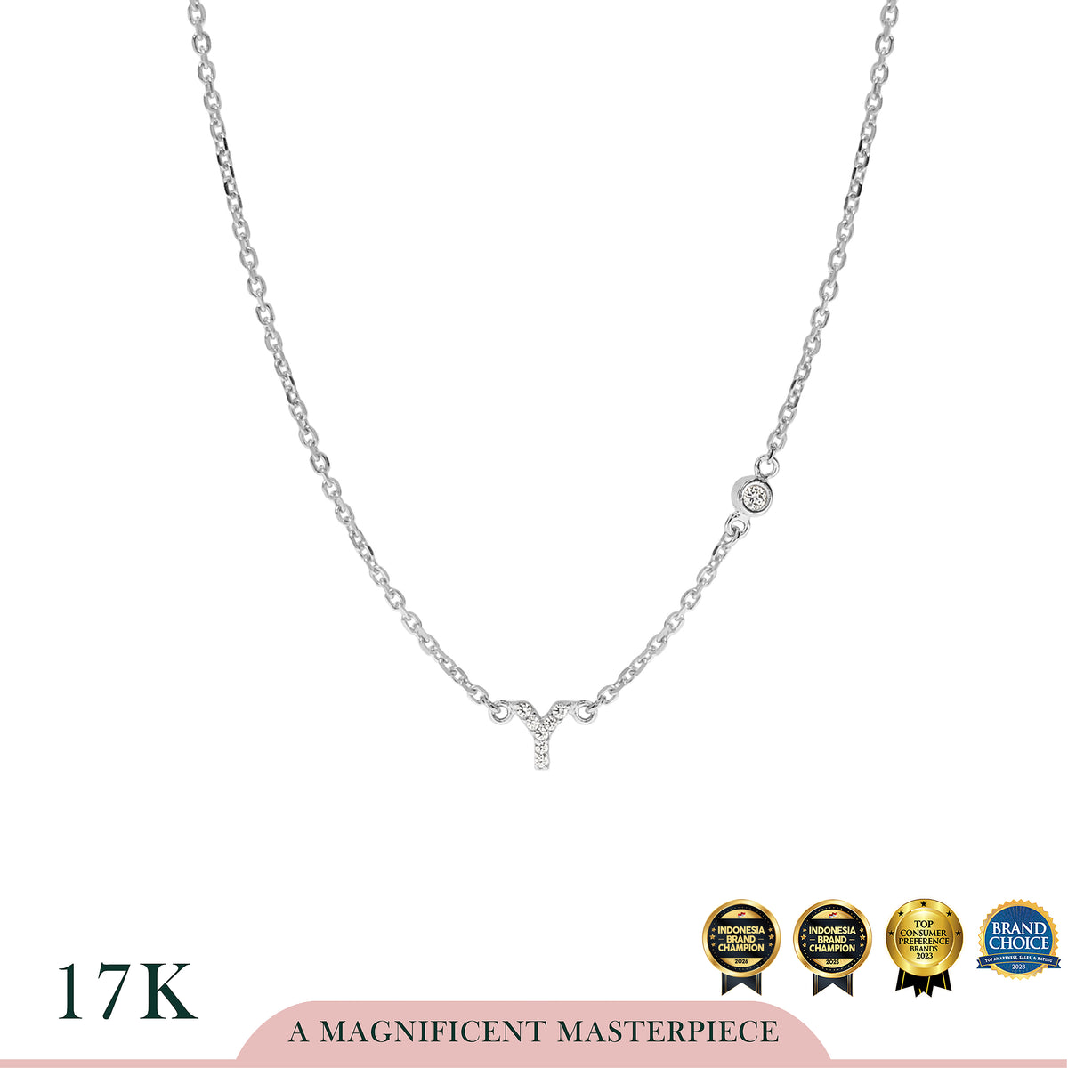 AYU Kalung Emas - Pave Initial With Mini Bezel Chain Necklace 17K White Gold