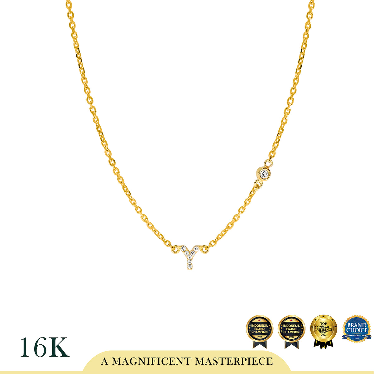 AYU Kalung Emas - Pave Initial With Mini Bezel Chain Necklace 16k Yellow Gold