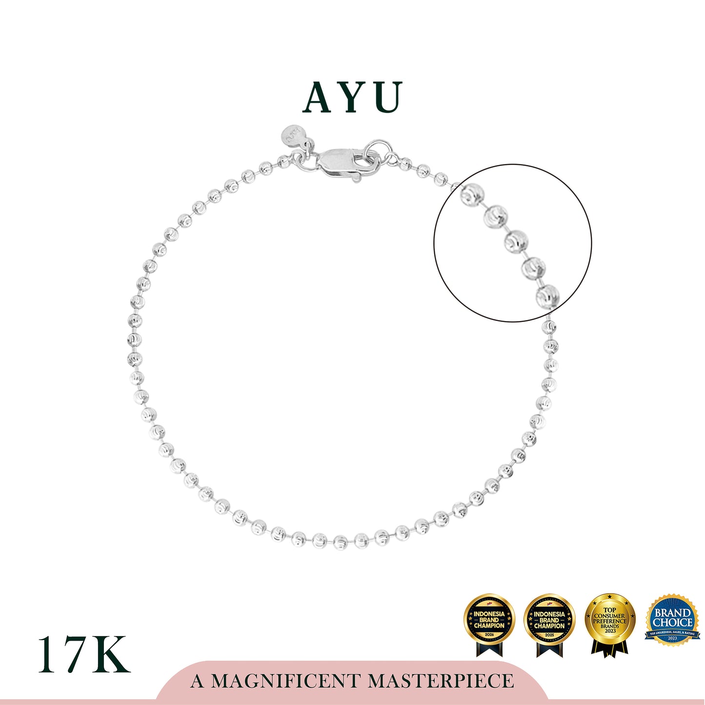 AYU Gelang Emas - Pepper Beads Chain Bracelet 17k White Gold