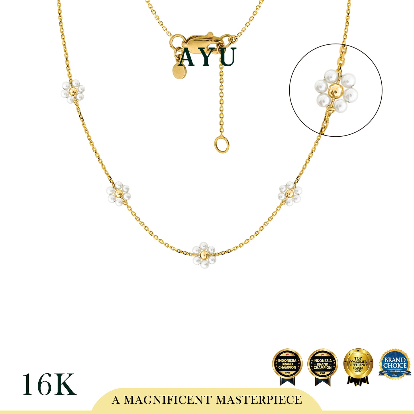 AYU Kalung Emas - Small 5 Beaded Pearl Flower Necklace 16k Yellow Gold