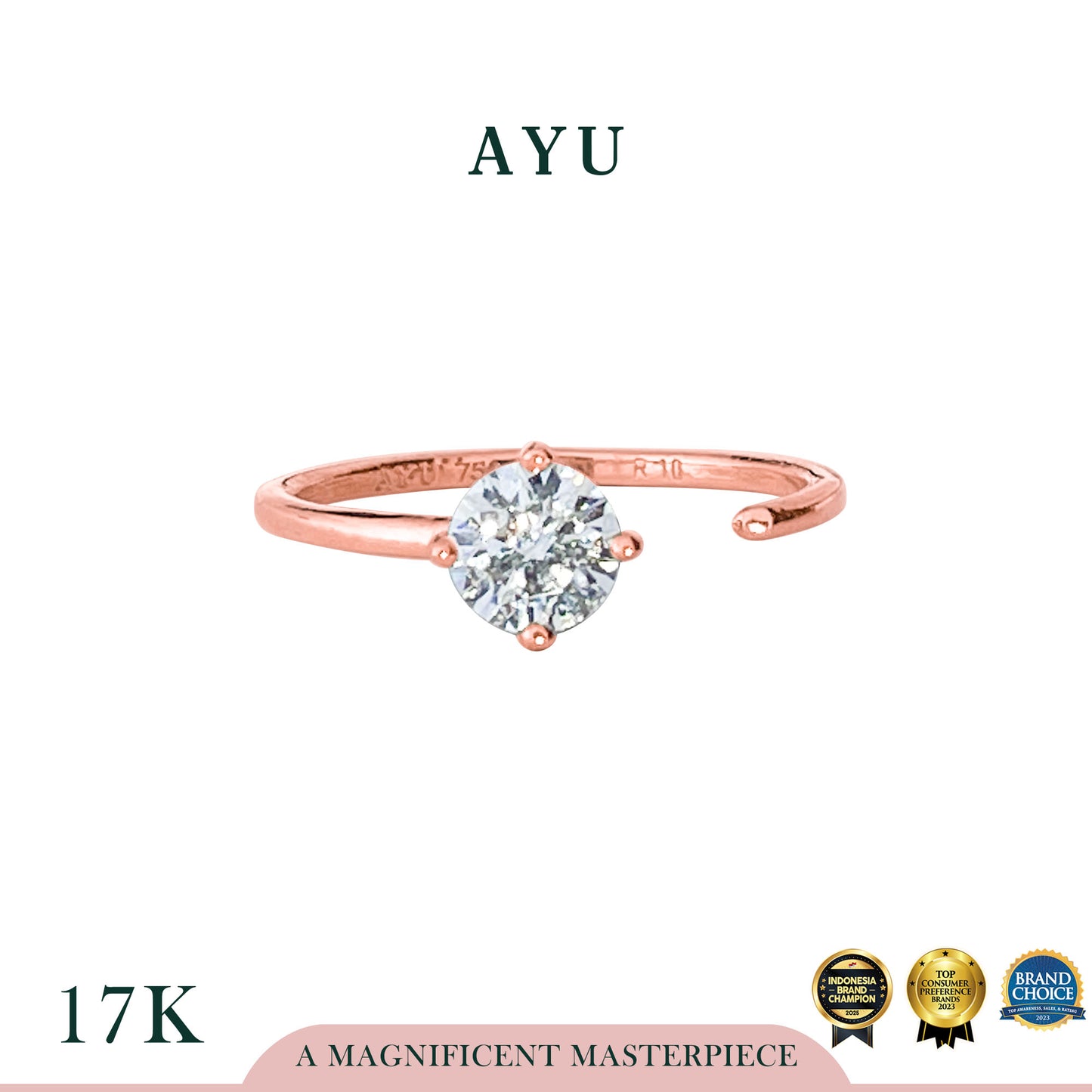 AYU Cincin Emas - Claw Round Solitaire Ring 17k Rose Gold