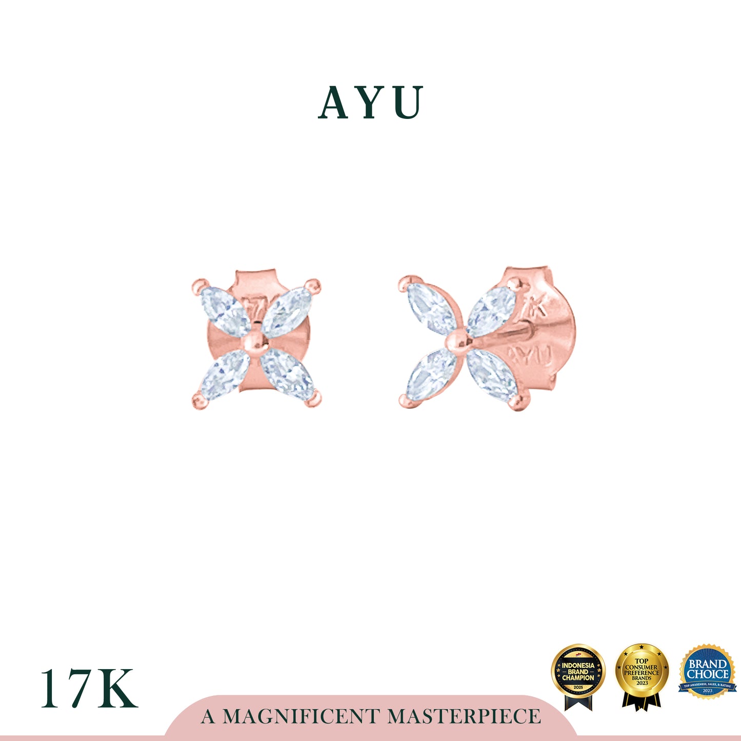 AYU Anting Emas - Clover Marquise Studs 17k Rose Gold