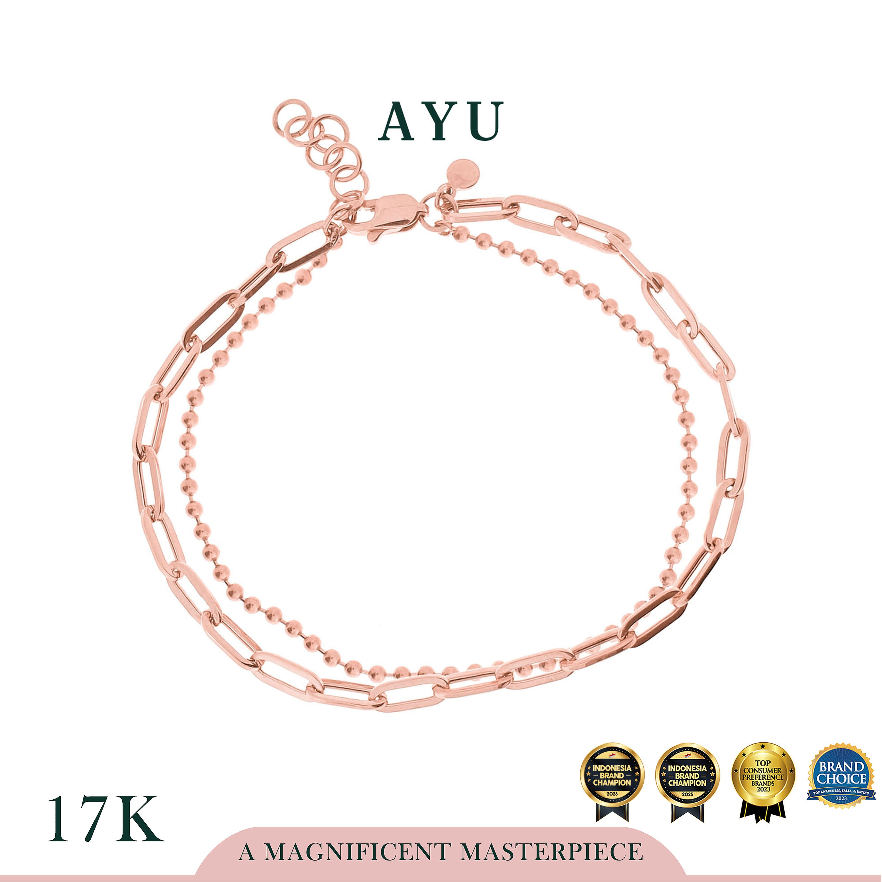 AYU Gelang Emas - Double Layer Paper Clip And Golden Pepper Beads Bracelet 17k Rose Gold