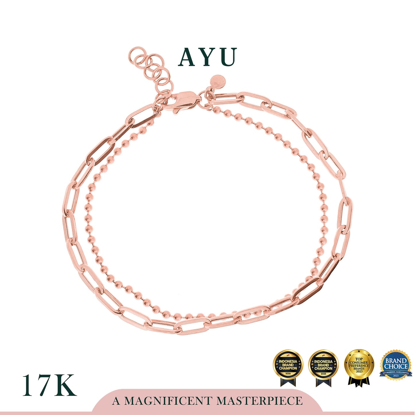 AYU Gelang Emas - Double Layer Paper Clip And Golden Pepper Beads Bracelet 17k Rose Gold