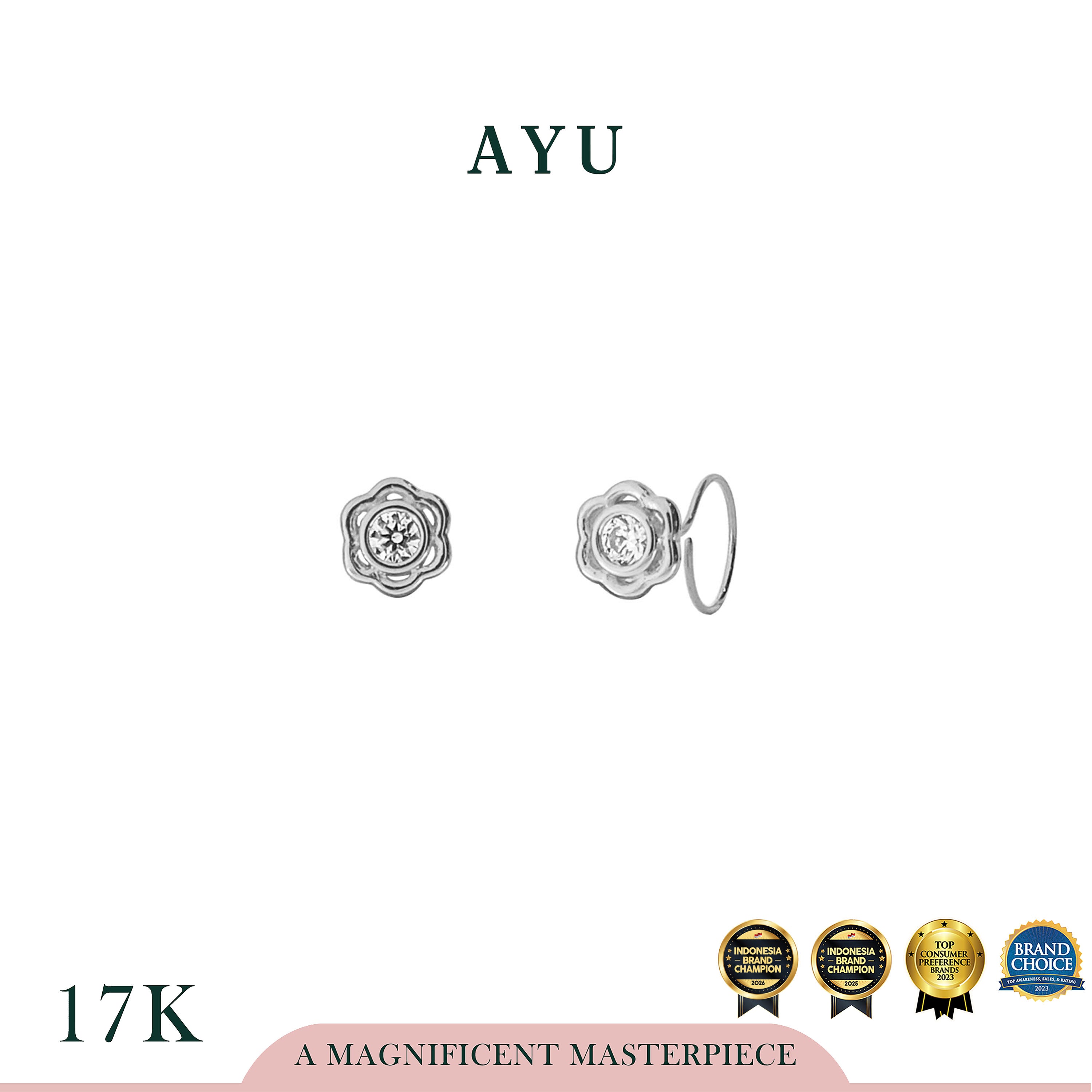 AYU Anting Emas - Flower Bezel Round Loop 17K White Gold