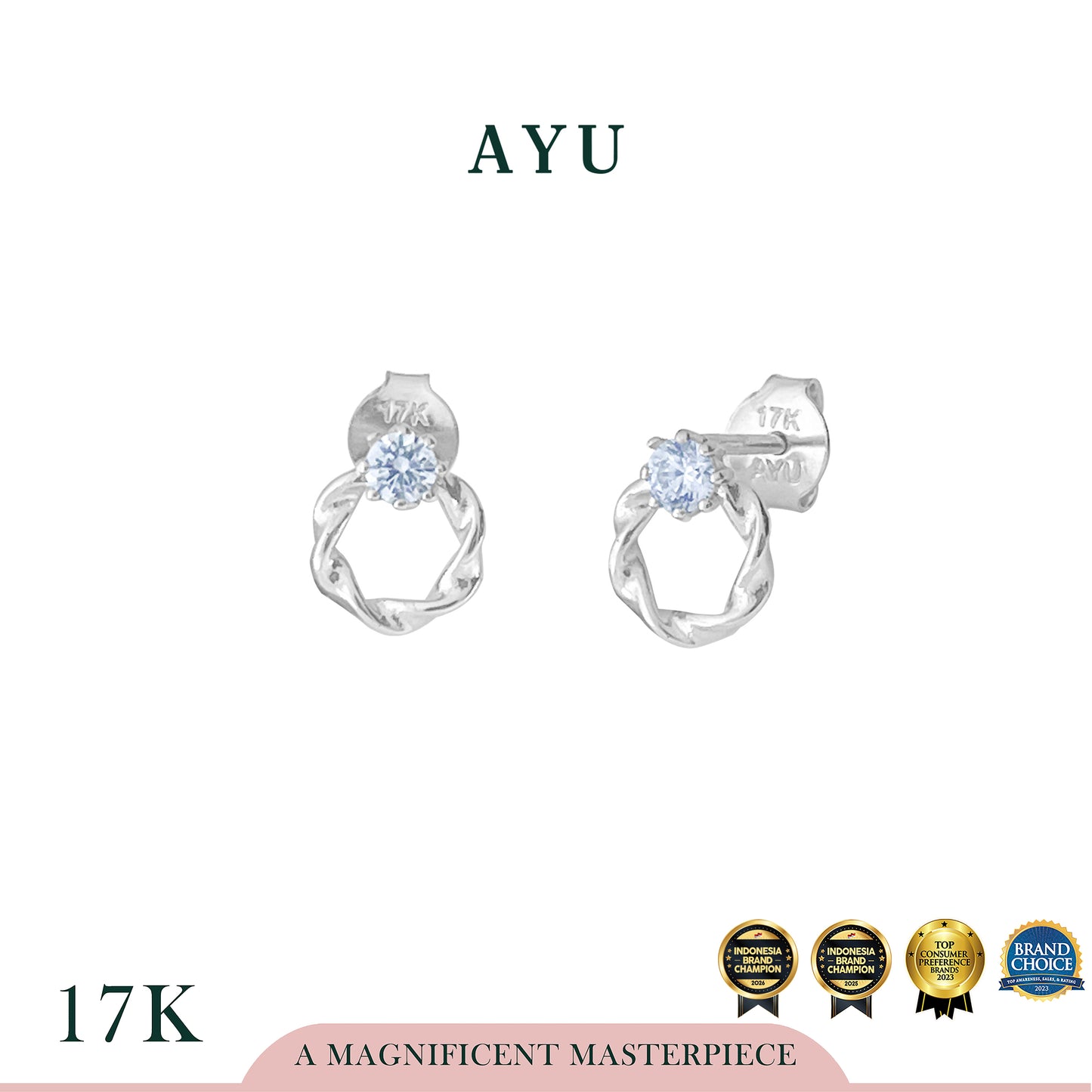 AYU Anting Emas - Mini Solitaire Twist Studs 17k White Gold