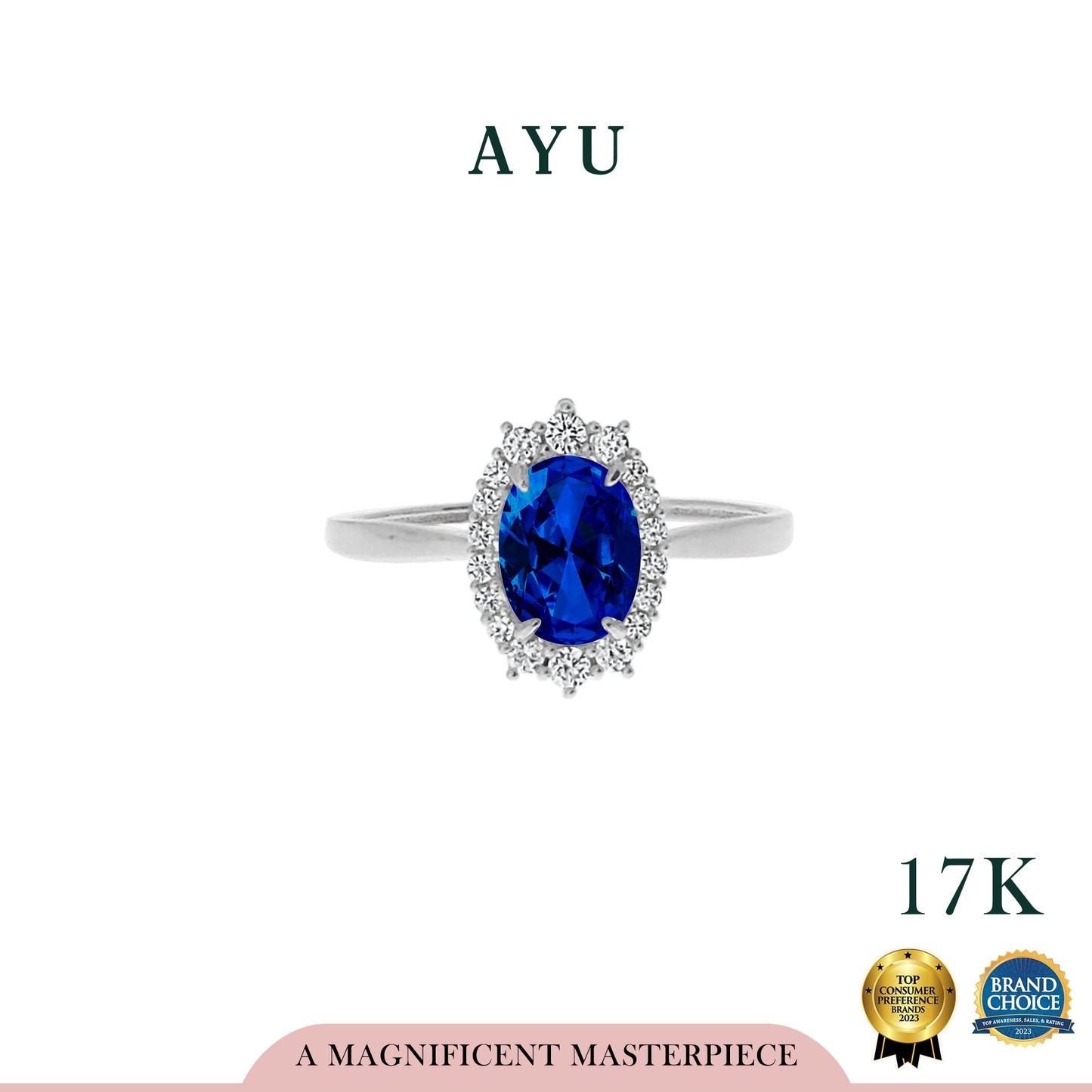 AYU OVAL GRECIAN SOLITAIRE ROYAL BLUE 17K WHITE GOLD