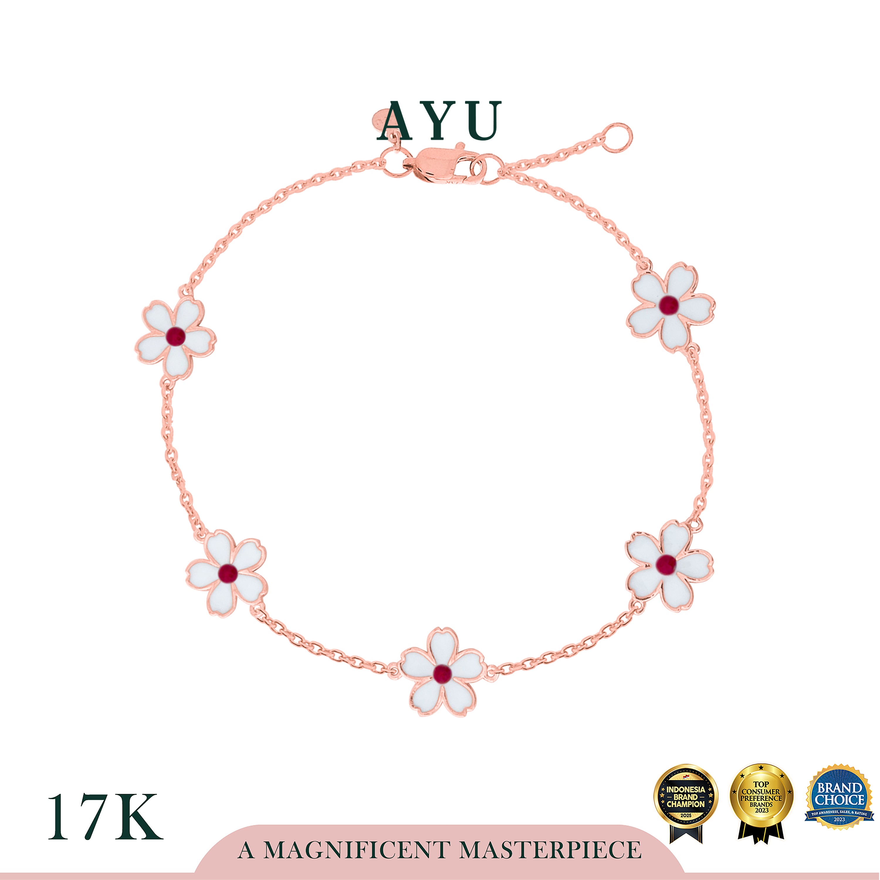 AYU Gelang Emas - 5 Kawaii Sakura Chain Bracelet 17k Rose Gold