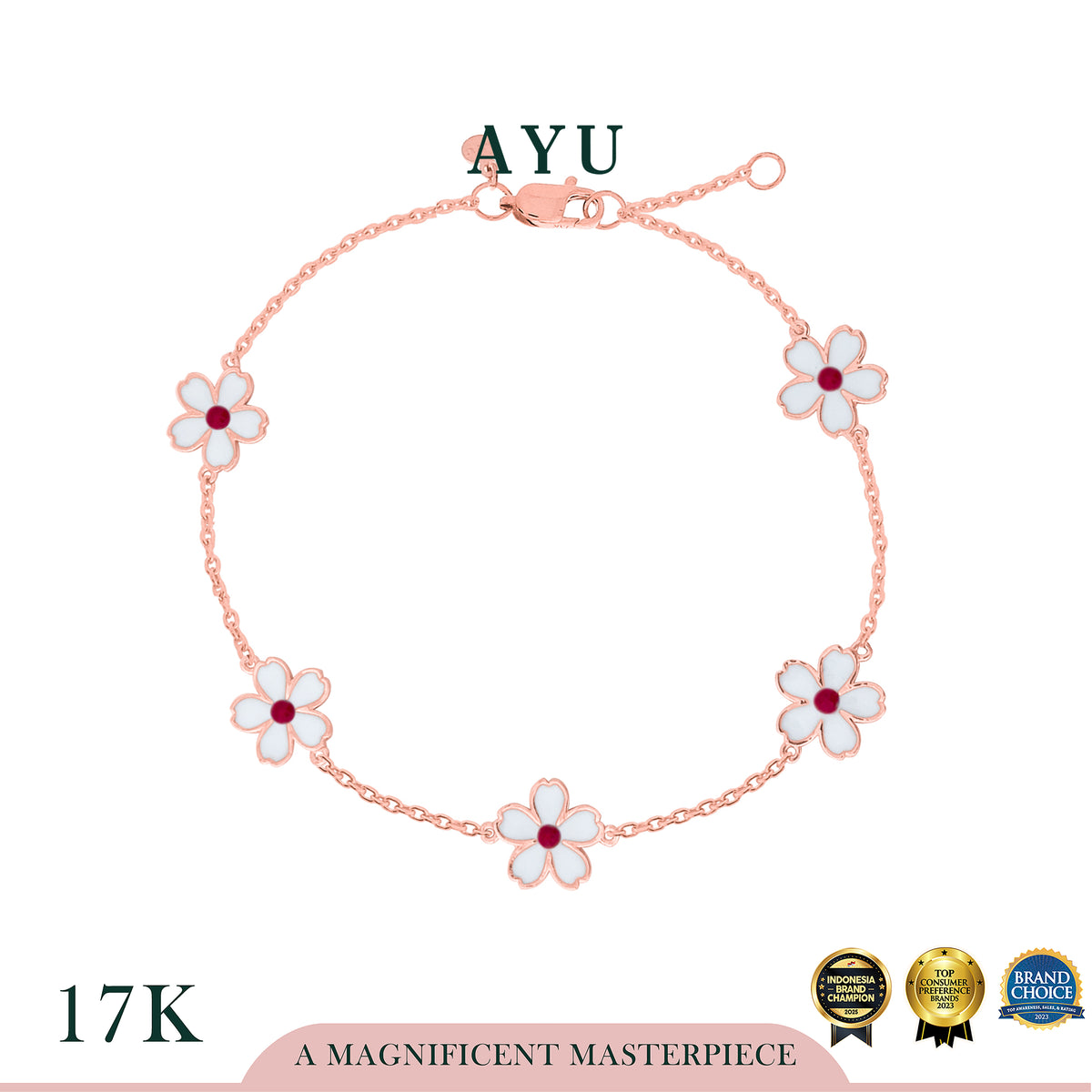 AYU Gelang Emas - 5 Kawaii Sakura Chain Bracelet 17k Rose Gold