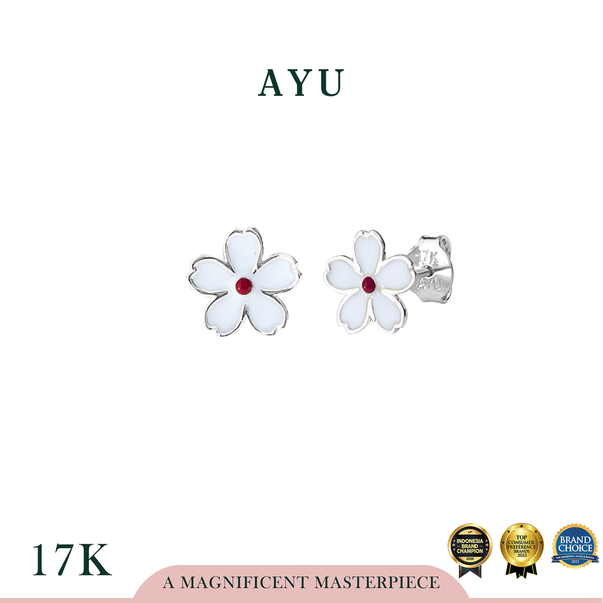 AYU Anting Emas - Kawaii Sakura Studs 17k White Gold
