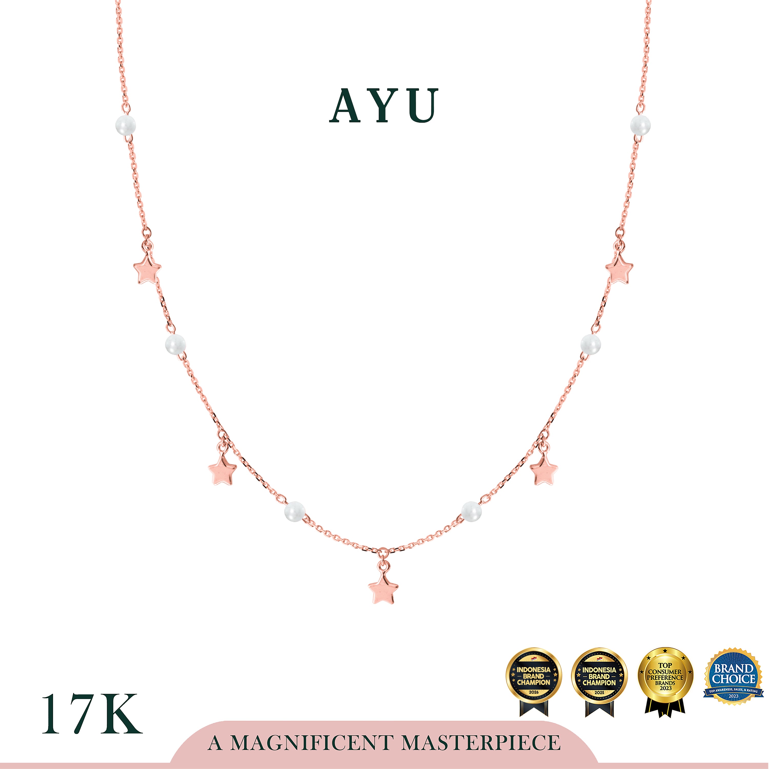AYU Kalung Emas - Star And Pearl Chain Necklace 17k Rose Gold