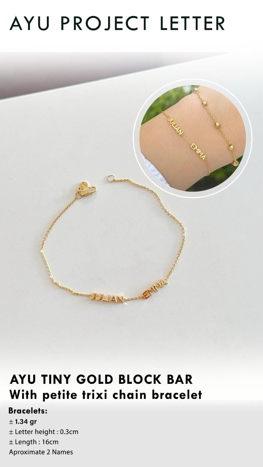Custom Order PL AYU Tiny Gold Block Bar With Petite Trixie Chain Bracelet ( Agus Dianah )8k Yellow Gold 15-16cm