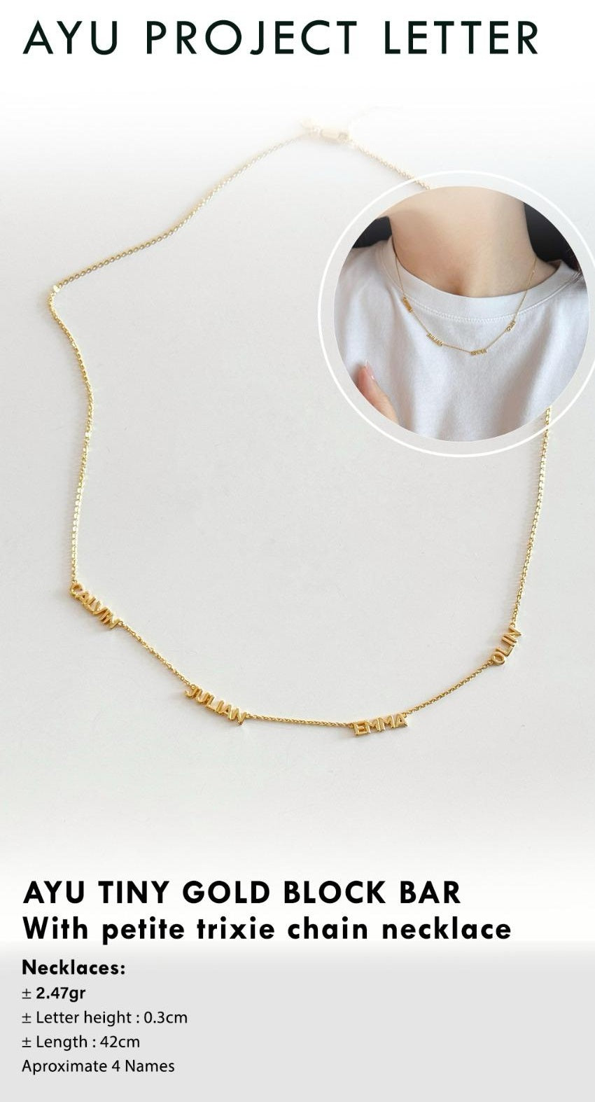 Custom Order PL AYU Tiny Gold Block Bar With Petite Trixie Chain Necklace (Davian Danish Dazzle) 17k Rose Gold 40cm