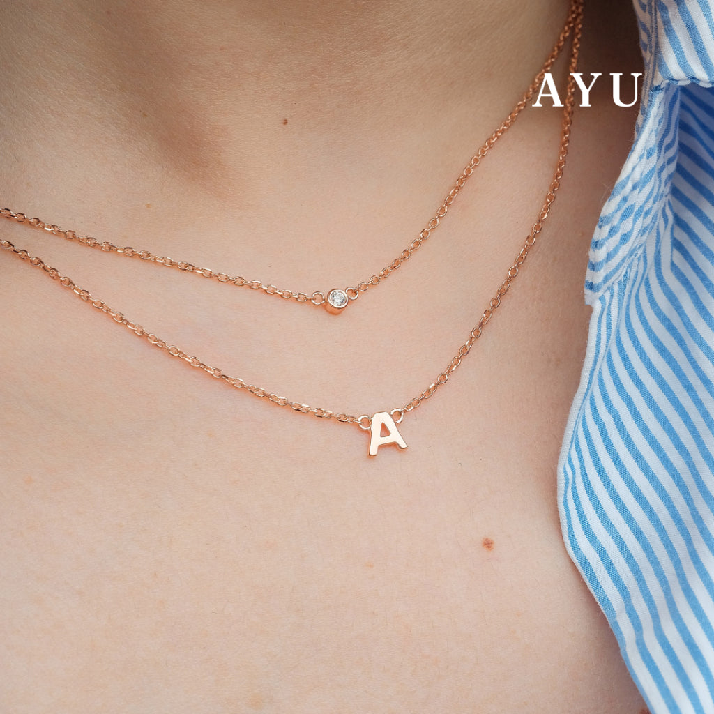 AYU Kalung Emas - Gold Initial Double Layer Necklace 17K Rose Gold