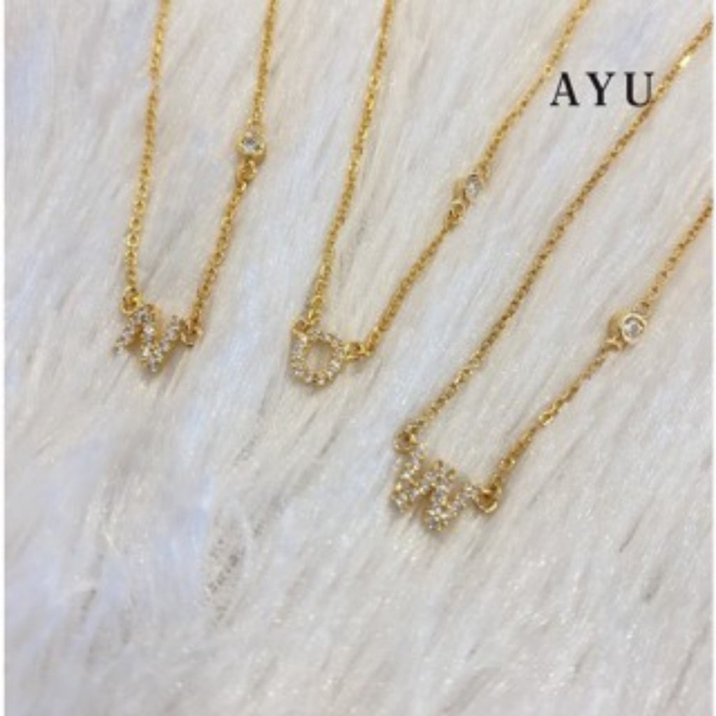 AYU Kalung Emas - Pave Initial With Mini Bezel Chain Necklace 17K Rose Gold