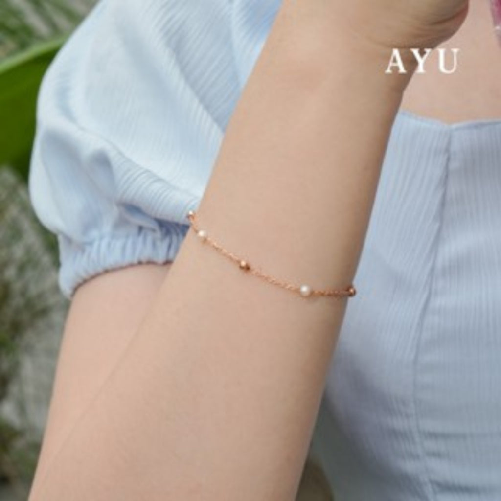 AYU Gelang Emas - Gold Boba With Pearl Chain Bracelet 17k Rose Gold
