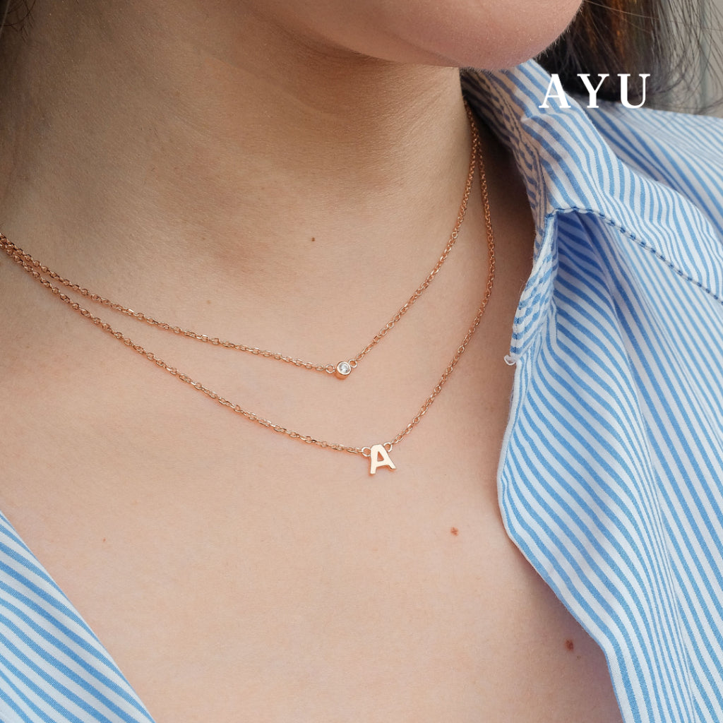 AYU Kalung Emas - Gold Initial Double Layer Necklace 17K Rose Gold