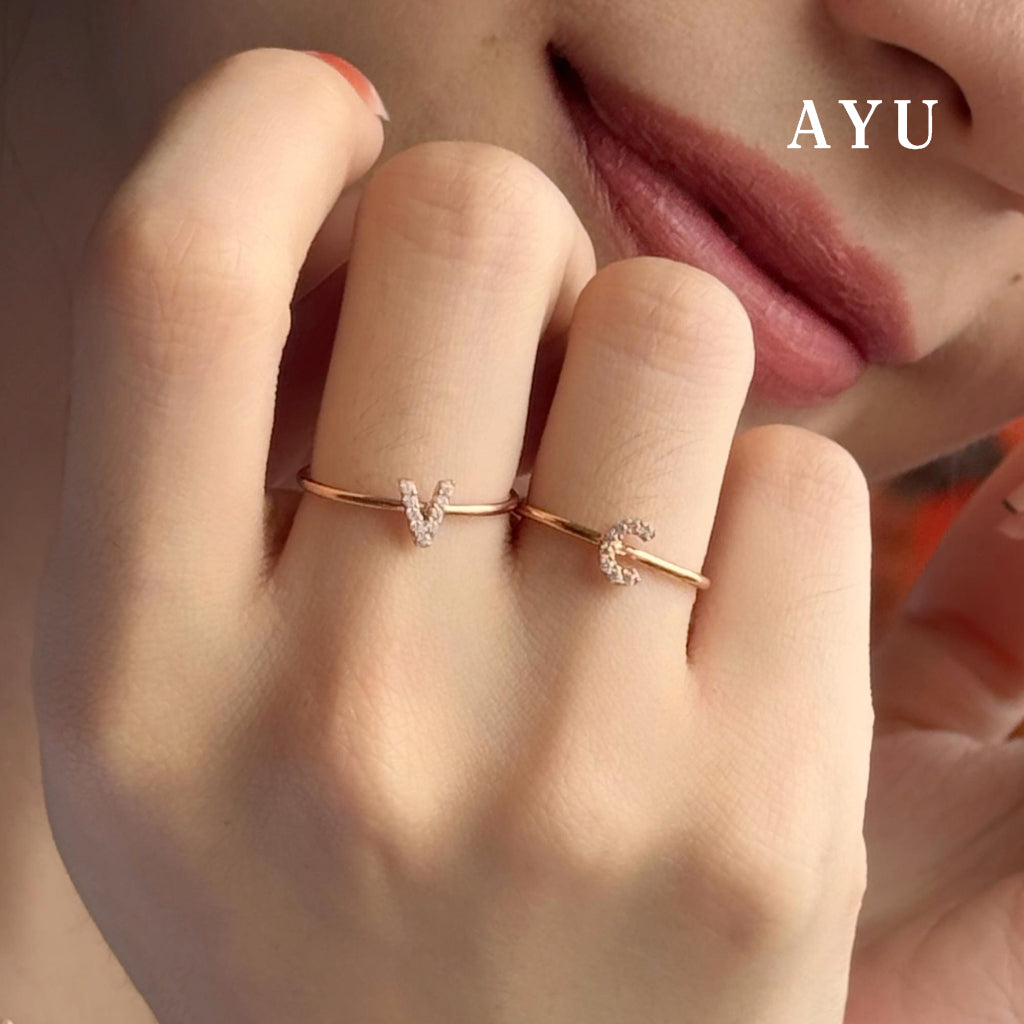 AYU Cincin Emas - Pave Initial Ring 16K Yellow Gold