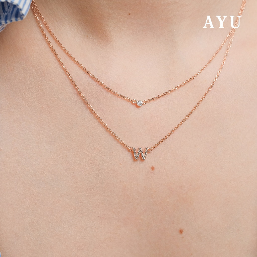 AYU Kalung Emas - Pave Initial Double Layer With Bezel Chain Necklace 16k Yellow Gold