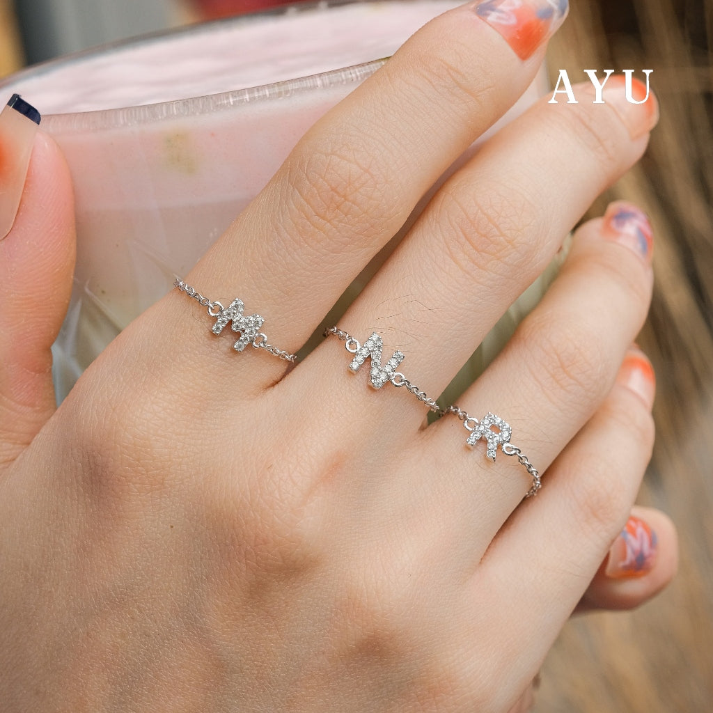 AYU Cincin Emas - Mini Pave Initial Adjustable Ring 16k Yellow Gold