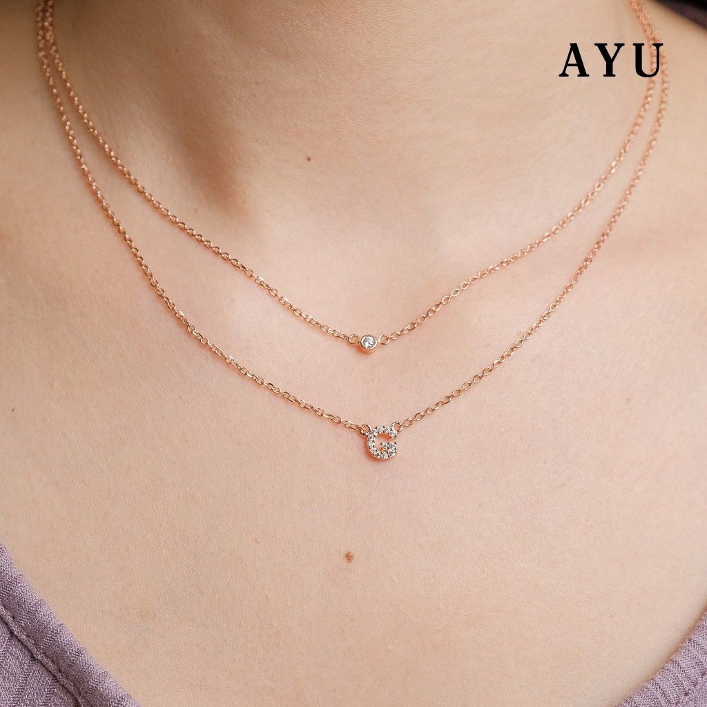AYU Kalung Emas - Pave Initial Double Layer With Bezel Chain Necklace 16k Yellow Gold