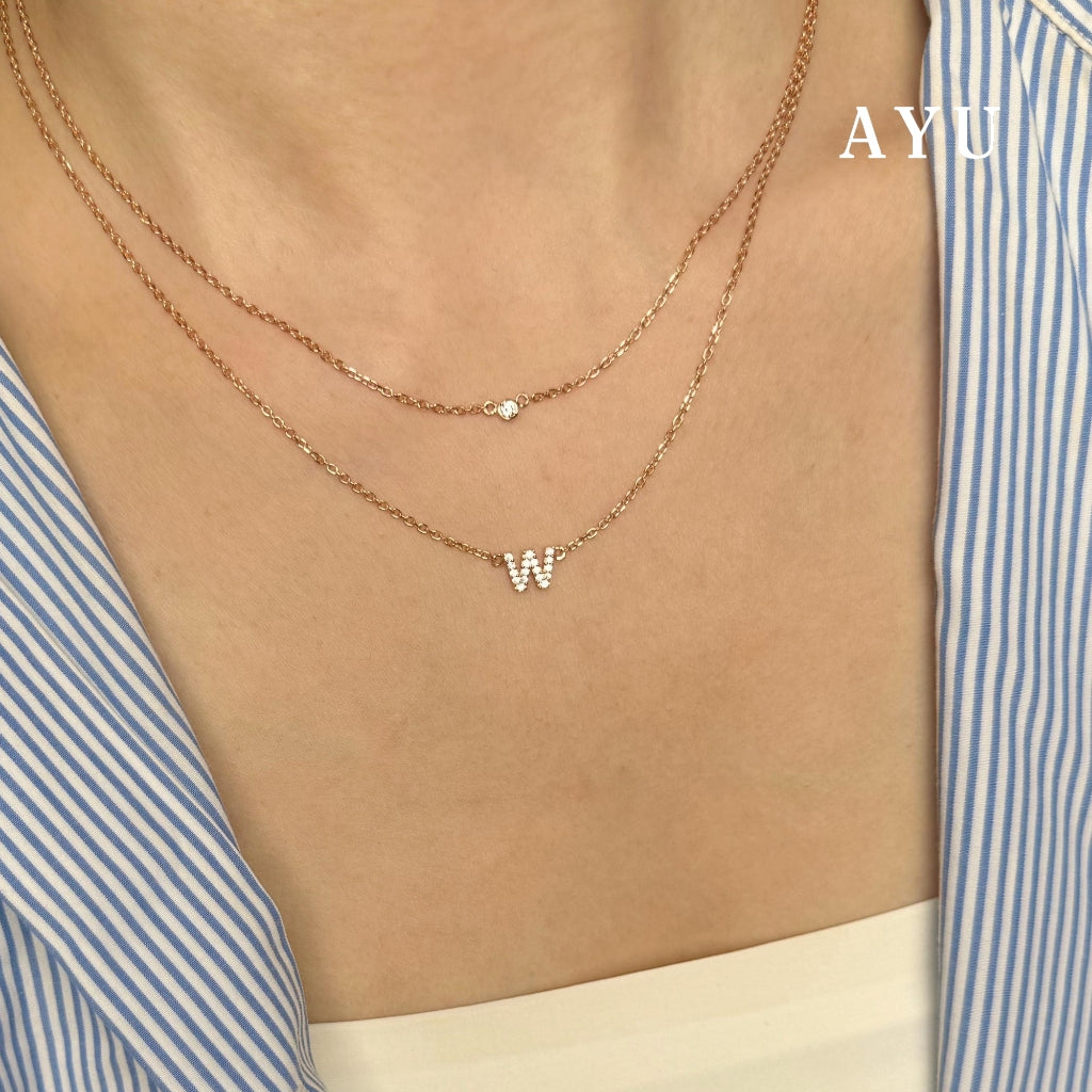 AYU Kalung Emas - Pave Initial Double Layer With Bezel Chain Necklace 17k White Gold