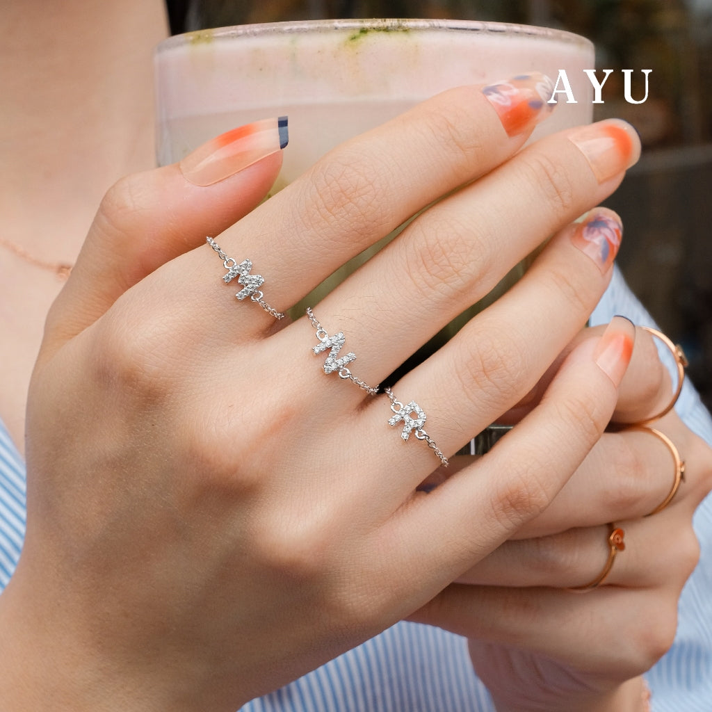 AYU Cincin Emas - Mini Pave Initial Adjustable Ring 16k Yellow Gold