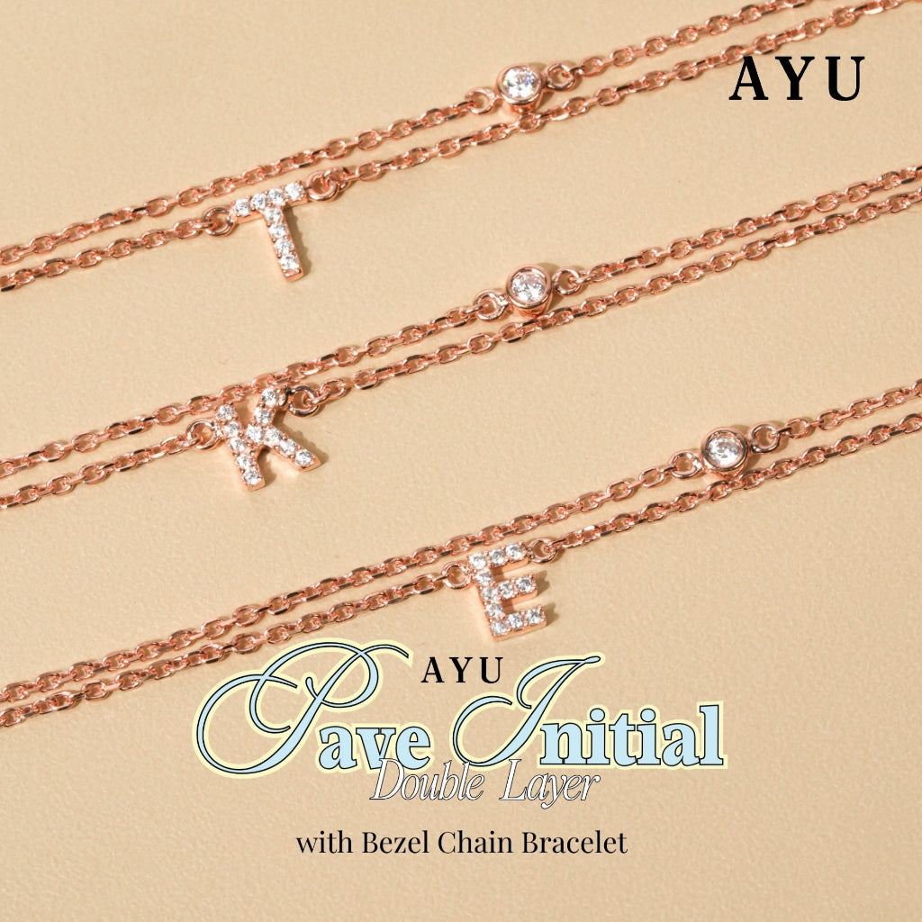 AYU Gelang Emas - Pave Initial Double Layer With Bezel Chain Bracelet 17k White Gold
