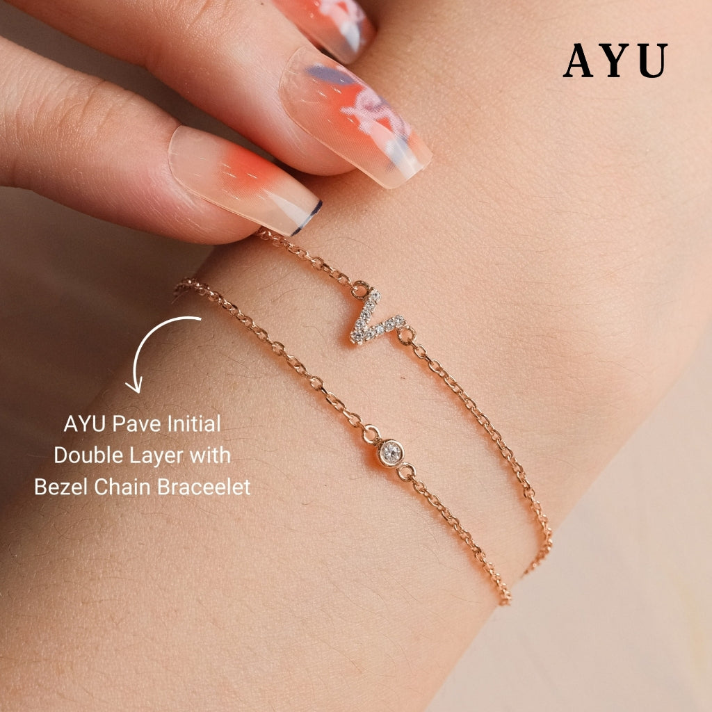 AYU Gelang Emas - Pave Initial Double Layer With Bezel Chain Bracelet 17k White Gold