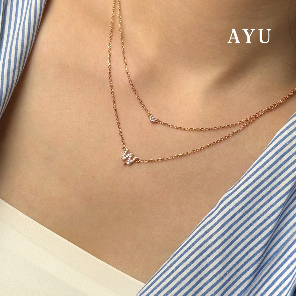 AYU Kalung Emas - Pave Initial Double Layer With Bezel Chain Necklace 17k White Gold